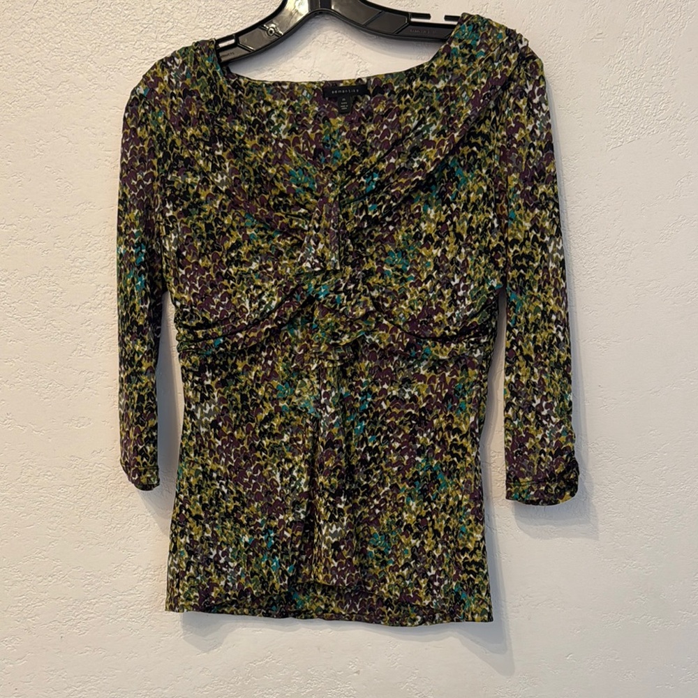 Semantiks Green and Brown Ruched 3/4 Sleeve Blouse